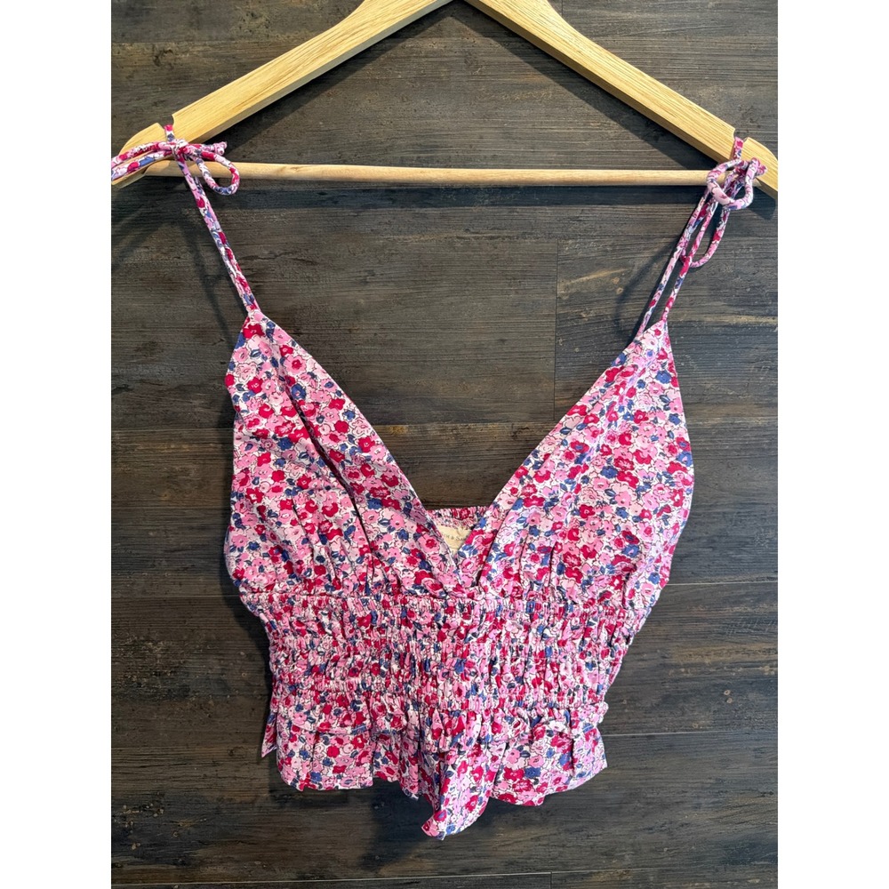 Sim & Sam Pink Floral Smocked Peplum Cami Top Medium Cotton Tie Strap